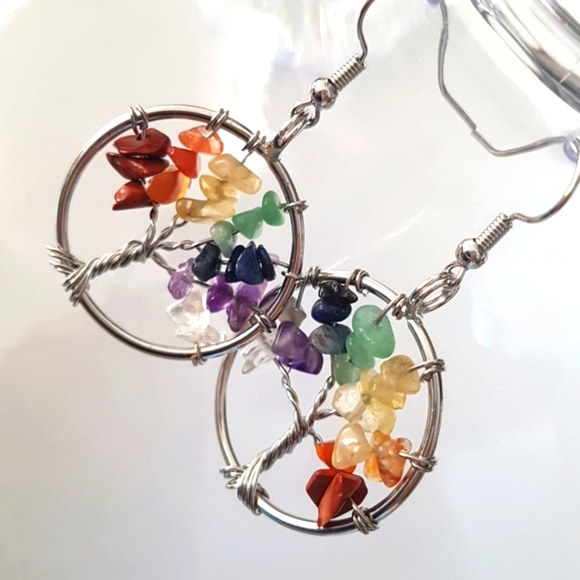 2/25$ Drop Earrings Tree of Life 7 Chakras Naturel Gemstones - Picture 3 of 12
